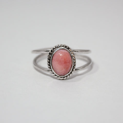 Pink Opal Oval Double Band Sterling Silver Ring