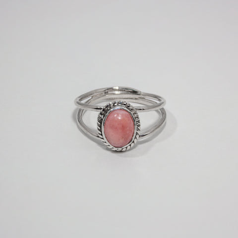 Pink Opal Oval Double Band Sterling Silver Ring