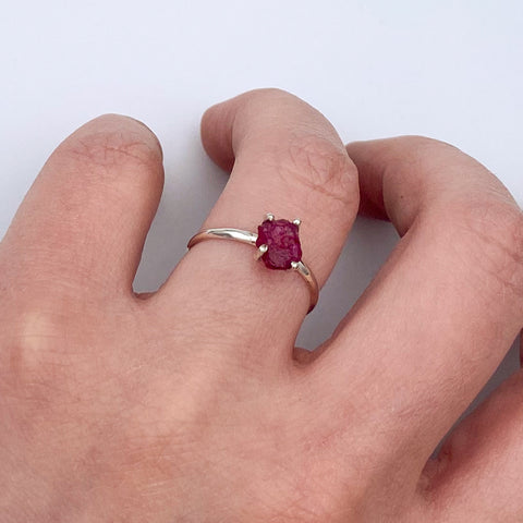 Raw Ruby Four Prong Sterling Silver Ring