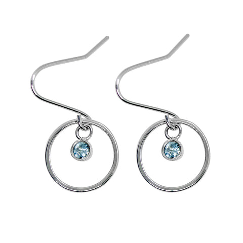 Aquamarine Charm Circle Sterling Silver Earrings