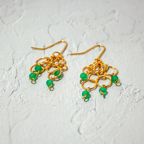 Green Agate Gold Hoops Cluster Fishhook Earrings