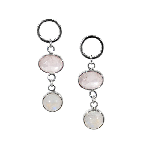 Rose Quartz & Rainbow Moonstone Open Circle Post Sterling Silver Earrings
