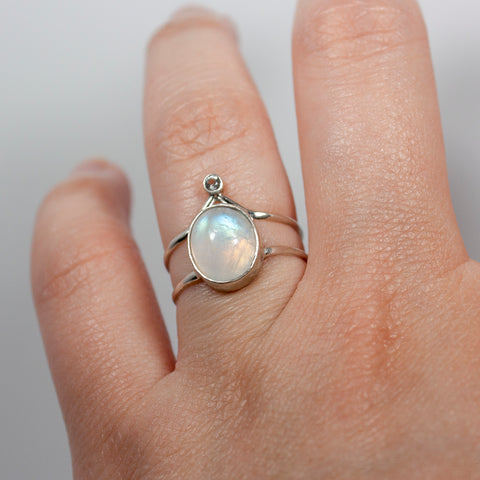Rainbow Moonstone Double Band Tiara Sterling Silver Ring