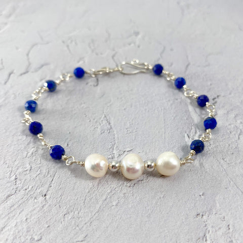 Lapis Lazuli and Freshwater Pearl Sterling Silver Chain Bracelet