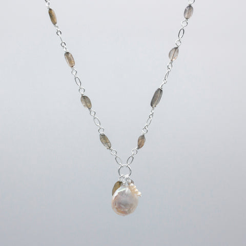 Pearl Pendant with Charm Labradorite Chain Necklace