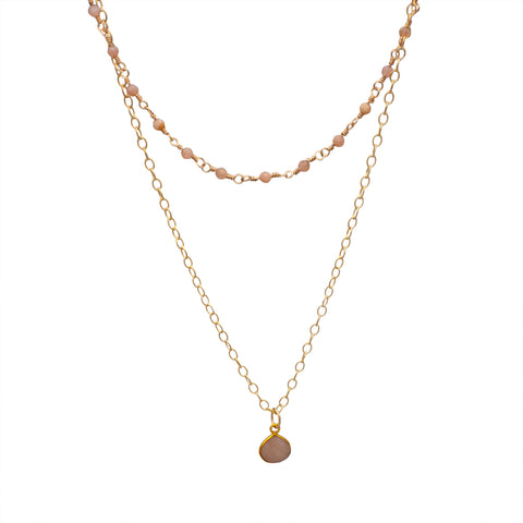 Peach Moonstone Pendant Layered Gold Necklace