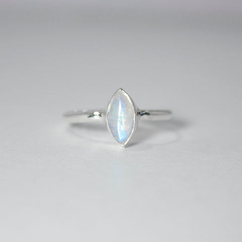 Rainbow Moonstone Marquise Solitaire Cab Sterling Silver Ring